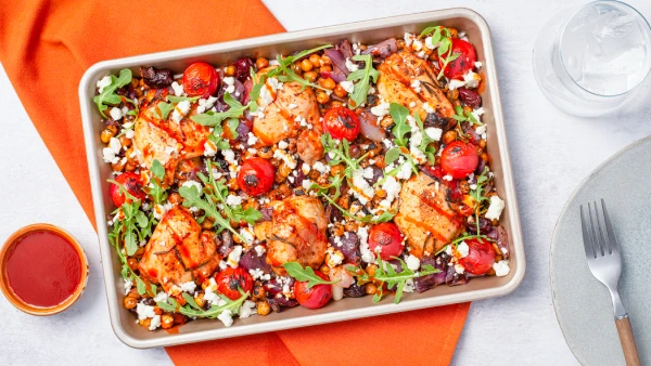 Spicy Garlic Chicken Sheet Pan with Tomato and Feta